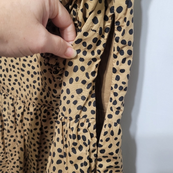 J. Crew Ruffle Tiered Leopard Dot Dress, Size XS Cotton Lined Tan Black Side Zip - Picture 4 of 10